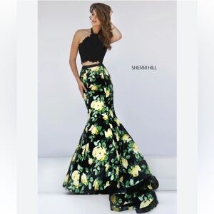 Sherri Hill 2 Piece Black Dress Green Yellow Floral Mermaid